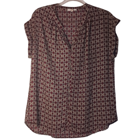 Pleione Popover Short Sleeve Geometric Patterned Blouse Flowy V-Neck size M - Picture 1 of 10